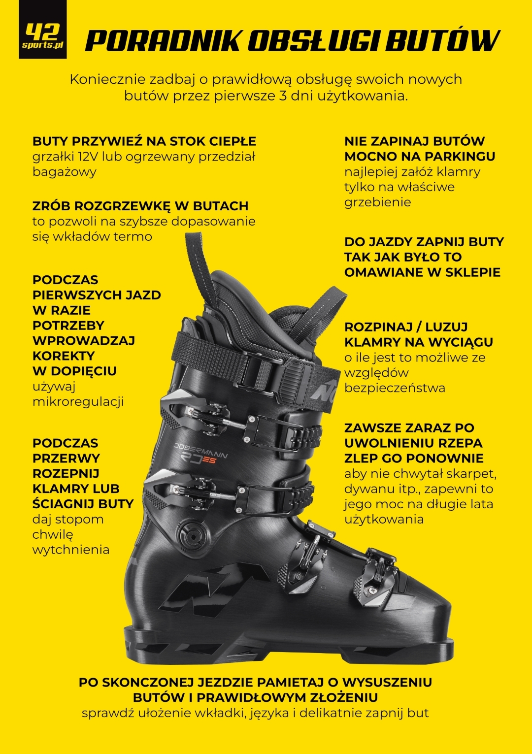 ulotka prezentująca jak dbać o nowo kupione buty narciarskie
